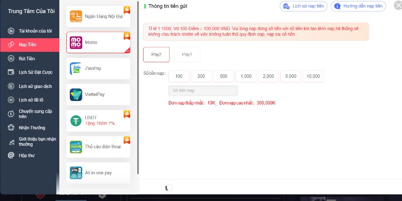 Nạp tiền thông qua ví điện tử